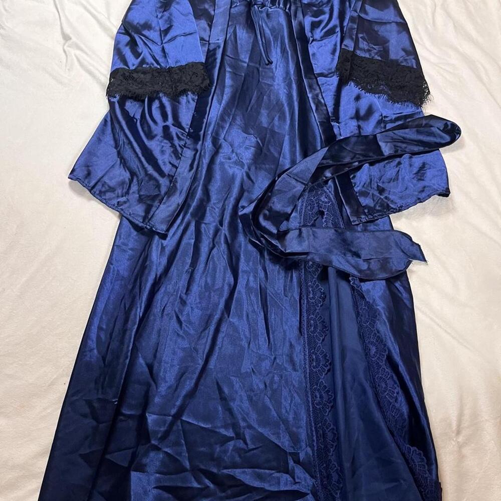 Royal Blue Satin 2-Piece Long Robe + Chemise Set Size L Like New